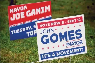 ?? Ned Gerard/Hearst Connecticu­t Media ?? Election signs for Mayor Joe Ganim and mayoral candidate John Gomes, in Bridgeport, Sept. 12, 2023. A Superior Court judge on Friday signed the proposed order for a new special Democratic primary in Bridgeport.