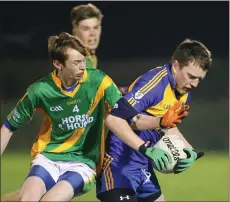  ??  ?? Seán O’Connor of Gusserane is challenged by Liam O’Shea.