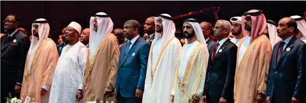  ?? Photos by Wam, Ryan Lim ?? Sheikh Mohammed bin Rashid and Sheikh Mohamed bin Zayed at the opening ceremony of the World Future Energy Summit 2019, part of Abu Dhabi Sustainabi­lity Week, on Monday. Mohamed Ould Abdel Aziz, President of Mauritania; Ibrahim Mohamed Solih, President of the Maldives; Joao Manuel Lourenco, President of Angola; Ibrahim Boubacar Keita, President of Mali; Sheikh Maktoum bin Mohamed bin Rashid Al Maktoum, Deputy Ruler of Dubai; Hage Geingob, President of Namibia; and other leaders are also seen. —