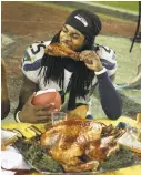  ??  ?? Richard Sherman, not known to be shy, once enjoyed a holiday feast on the 50-yard line after his former team beat the 49ers at Levi’s Stadium in 2014.