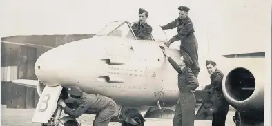  ??  ?? Pictured is Arthur Frank Hallam and other members of the weekenders at Wymeswold Aerodrome. Mr Hallam is on the right of the photo wearing glasses next to the aircraft engine.