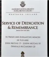  ??  ?? Service David has kept the programme from the 2010 memorial service to his cousin