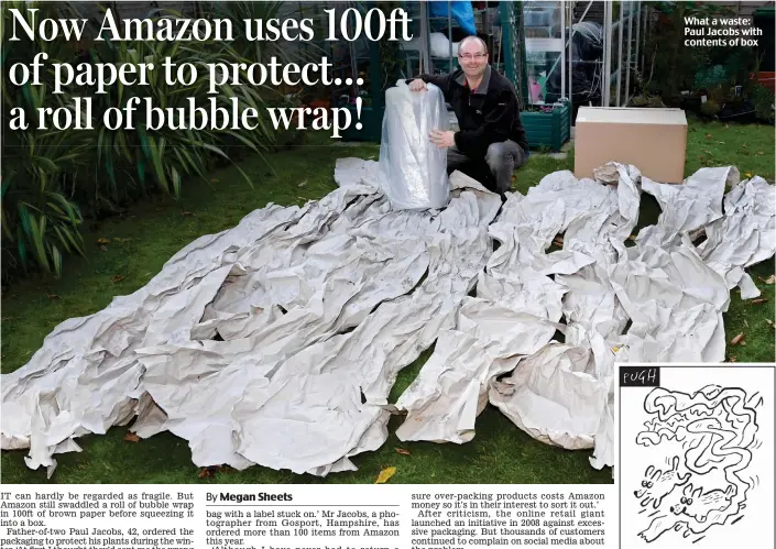  ??  ?? What a waste: Paul Jacobs with contents of box ‘I love Amazon packaging! It’s so much longer than loo roll! ’