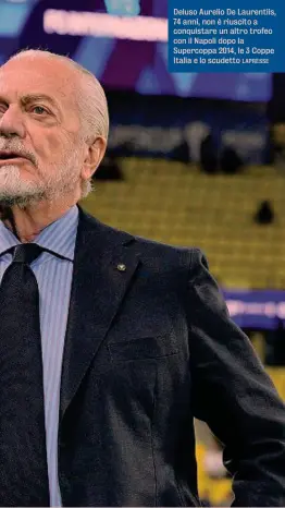  ?? LAPRESSE ?? Deluso Aurelio De Laurentiis, 74 anni, non è riuscito a conquistar­e un altro trofeo con il Napoli dopo la Supercoppa 2014, le 3 Coppe Italia e lo scudetto
Persa questa finale, rimangono due le vittorie del Napoli nella Supercoppa Italiana: sono quelle ottenute nel 1990 e poi nel 2014