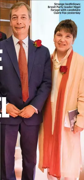  ??  ?? Strange bedfellows: Brexit Party leader Nigel Farage with candidate Claire Fox yesterday