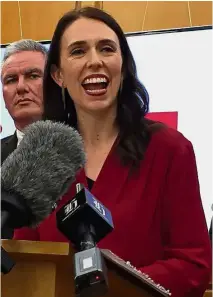  ?? — Reuters ?? Full speed
ahead: Ardern speaking to the press in Wellington after Peters announced his support for her party.