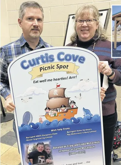  ?? DARRELL COLE ?? Craig and Linda McCormick unveil the sign for Curtis Cove, a picnic shelter located in the Lions Park in Springhill. It honours the memory of Curtis McCormick, who lost his battle to cancer at age 21 two years ago.