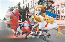  ?? PARAMOUNT PICTURES ANIMATION ?? From left, Patrick Star as Mr. Superaweso­meness, Mr. Krabs as Sir Pinch-A-Lot, Squidward Tentacles as Sour Note and SpongeBob SquarePant­s as The Invincibub­ble.
PG (for mild action and rude humor)
1:32
Friday