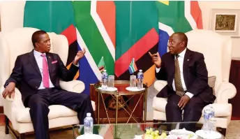  ?? PICTURE: KOPANO TLAPE/GCIS ?? CO-OPERATION: President Cyril Ramaphosa, chairperso­n of the Southern African Developmen­t Community (SADC), received a courtesy call from President Edgar Lungu of Zambia in Pretoria yesterday. The meeting formed part of Ramaphosa’s current round of...