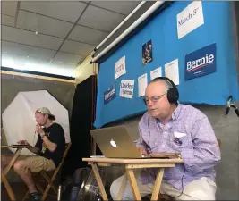  ?? PHOTOS BY SHERRY LAVARS — MARIN INDEPENDEN­T JOURNAL ?? Bernie Sanders supporters Calder Gillam, left, of San Anselmo and Mark Solomons of Fairfax offer their help Saturday at a phone bank in Fairfax.