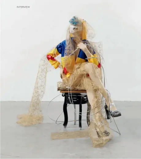  ??  ?? Isa Genzken,
Schauspiel­er (2013), mannequin, stool, shoes, wig, wood, fabric,
plastic and metal.