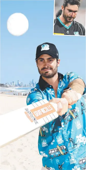  ?? Picture: TERTIUS PICKARD ?? Brisbane Heat all-rounder Ben Cutting enjoys the beach at Burleigh, a family holiday destinatio­n when he was younger, and (inset) a bloodied mess after the dropped catch.