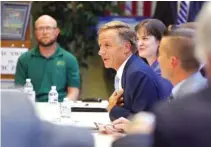  ?? STAFF PHOTO BY ERIN O. SMITH ?? Tennessee Gov. Bill Haslam speaks Tuesday with local educators, TNReady assessment coordinato­rs and others during a roundtable discussion at Soddy-Daisy High School. Haslam’s “listening tour” seeks feedback on how the state can improve the TNReady assessment.