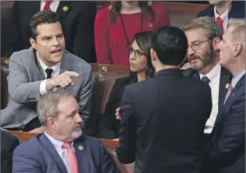  ?? Alex Brandon Associated Press ?? REP. MATT GAETZ, left, with Rep. Kevin McCarthy, right, in January in the House chamber. C-SPAN showed the full tense interactio­n, including a GOP colleague being held back from lunging at Gaetz.