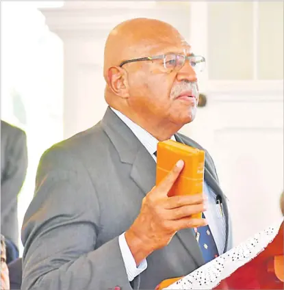 ?? Picture: FIJI GOVERNMENT/TWITTER ?? Sitiveni Rabuka takes the oath to lead Fiji into 2023 after unseating Voreqe Bainimaram­a at the end of last year
Geopolitic­s