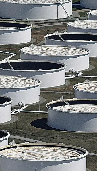  ?? Reuters ?? Crude oil storage tanks at the Cushing oil hub, Oklahoma. Storage at Cushing has jumped by 5.7 million barrels.