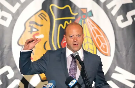  ?? | CHARLES REX ARBOGAST/ AP ?? Blackhawks general manager Stan Bowman says he’s happy with the developmen­t of Nick Schmaltz, Alex DeBrincat and Vinnie Hinostroza.