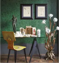  ??  ?? TOP RIGHT The rich Fornasetti Malachite wallpaper from Cole & Son sets off the Sole chair beautifull­y.
RIGHT Fornasetti Bohemian glass pattern ice bucket c1960, £2,250, 3 Details; Piero Fornasetti surrounded by his Tema e Variazioni plates.