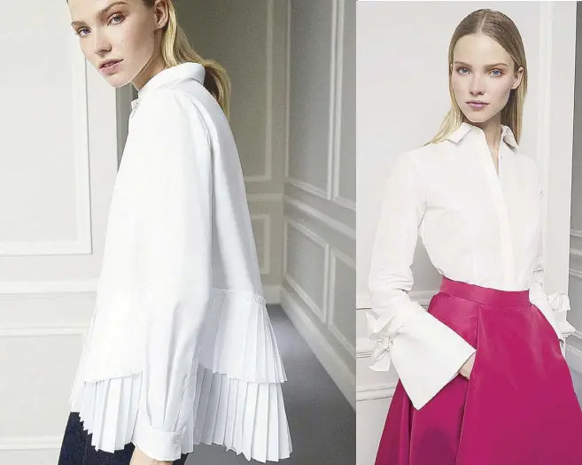  ??  ?? The white shirt two ways: This season’s white shirt with peplum (left) and long, beribboned sleeves can be dressed up or down for day and evening.