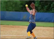  ?? THOMAS NASH — DIGITAL FIRST MEDIA ?? Upper Perkiomen’s Taylor Lindsay delivers to the plate during Wednesday’s District 1-4A Championsh­ip game at Immaculata University.