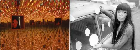  ??  ?? (Left) An installati­on view of one of Yayoi Kusama’s Infinity Mirror Rooms, called “Love Forever” (1966/1994). • (Right) Artist Yayoi Kusama next to her “Dot Car” (1965). — Photo courtesy of Harrie Verstappen, Magnolia Pictures