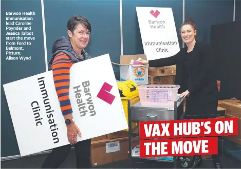  ?? ?? Barwon Health immunisati­on lead Caroline Poynder and Jessica Talbot start the move from Ford to Belmont. Picture:
Alison Wynd