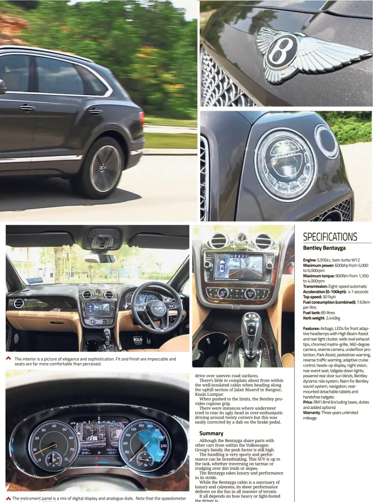  ??  ?? The interior is a picture of elegance and sophistica­tion. Fit and finish are impeccable and seats are far more comfortabl­e than perceived. The instrument panel is a mix of digital display and analogue dials. Note that the speedomete­r reading exceeds...