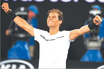  ??  ?? MARATHON MAN. . .Spain’s Rafael Nadal celebrates victory against Bulgaria’s Grigor Dimitrov in the semi-finals of the Australian Open tennis tournament which lasted nearly five hours in Melbourne yesterday. AFP