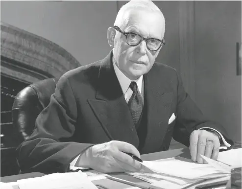  ?? THE CANADIAN PRESS FILES ?? Louis St. Laurent was prime minister from 1948 to 1957 but made some of his greatest contributi­ons to Canada upon joining the government of William Lyon Mckenzie King and becoming justice minister during the Second World War.