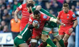  ??  ?? Ifereimi Boladau is tackled by Ruan Botha (right) and Blair Cowan in Leicester’s defeat by London Irish this month. Photograph: Henry Browne/Getty Images