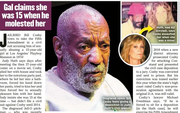  ??  ?? Disgraced comic Bill Cosby fears giving a deposition in Judy Huth’s civil lawsuit
Huth, now 62 (circled), says Cosby assaulted her when she was a minor