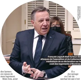  ??  ?? François Legault était furieux des attaques de l’opposition et du traitement médiatique de sa déclaratio­n sur le
coût des logements à Montréal.