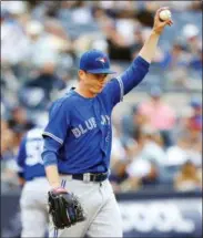  ?? NOAH K. MURRAY — THE ASSOCIATED PRESS ?? Toronto Blue Jays starting pitcher Ryan Borucki reacts after a double steal in the first inning of a baseball game against the New York Yankees, Sunday in New York.