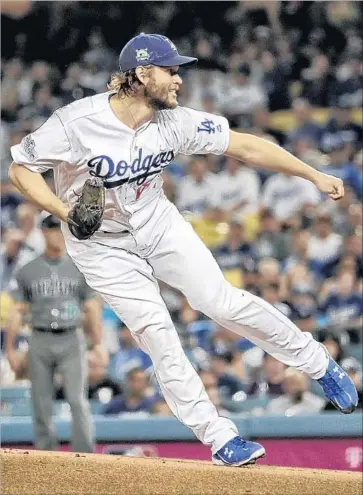  ?? Robert Gauthier Los Angeles Times ?? CLAYTON KERSHAW struggled again in the seventh inning and had Dodgers fans nervous for a while. But Diamondbac­ks starter Taijuan Walker lasted only one inning as the Dodgers got to him for four early runs.
