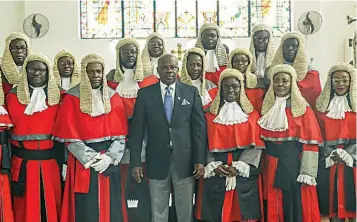  ??  ?? Ogun State Governor, Ibikunle Amosun (middle); Ogun State Chief Judge, Justice Olatokunbo Olopade (3rd right) and other judges during a service to usher in the 2017/2018 Legal Year at the St. Peter’s Cathedral, Ake, Abeokuta...yesterday.