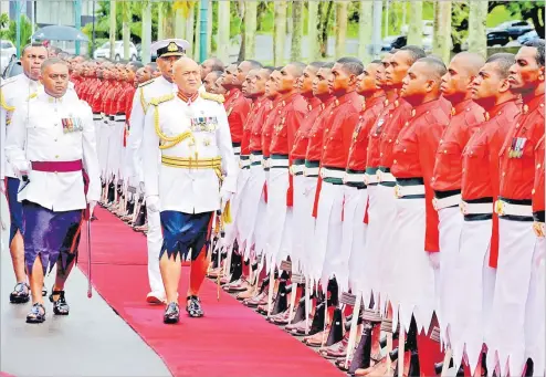  ?? Picture: JONA KONATACI ?? President Jioji Konrote inspects the guard of honour during the opening of the 2019/2020 parliament­ary sitting in Suva yesterday.
