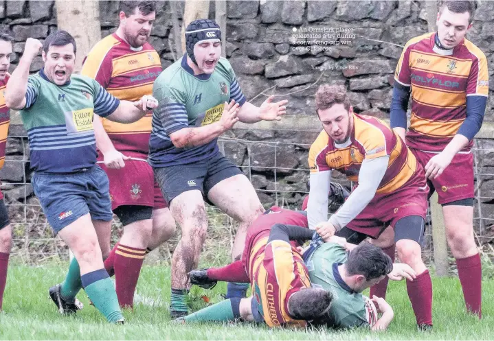  ?? Images by Vince Ellis ?? An Ormskirk player celebrates a try during a convincing cup win over Clitheroe