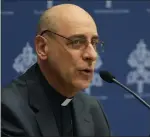  ?? GREGORIO BORGIA THE ASSOCIATED PRESS ?? The prefect of the Vatican's Dicastery for the Doctrine of the Faith, Cardinal Victor Manuel Fernandez, presents the declaratio­n `Dignitas Infinita' (Infinite Dignity) during a news conference at the Vatican on Monday.