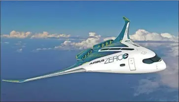  ?? Renderings by Airbus ?? A RENDERING of an Airbus hydrogen-powered concept plane. Hydrogen tanks would be more sturdy and high-pressure than those that hold traditiona­l jet fuel, making them too heavy to fit in a plane’s wings.