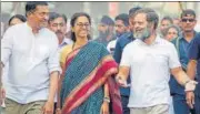  ?? ANI ?? Congress leader Rahul Gandhi with NCP MP Supriya Sule during the Bharat Jodo Yatra in Nanded on Thursday.