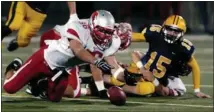  ?? NEWS-HERALD FILE ?? St. Ignatius quarterbac­k Matt Hoyer watches as Tom Strobel jumps on the ball after a fumble in the fourth quarter of Mentor’s 18-7win in 2011 at Byers Field in Parma.