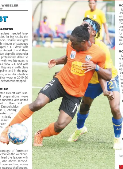  ?? KENYON HEMANS ?? Kemar Flemmings (left) of Tivoli Gardens FC shielding the ball from Harbour View’s Odorland Harding during a Jamaica Premier League match at the UWI/Captain Horace Burrell Centre of Excellence last Saturday. Flemmings scored the opening goal in Tivoli’s 3-1 win.