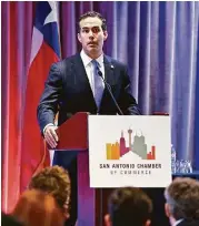  ?? William Luther / San Antonio Express-News file ?? Texas Land Commisione­r George P. Bush, speaking on March 30 in San Antonio, has given out nearly 1,850 days of pay to former workers at the agency in just his year and a half of tenure.