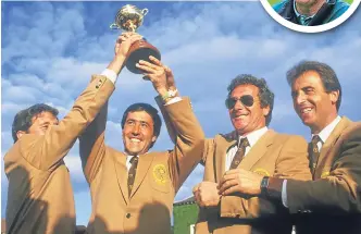  ??  ?? Ole Senors – Manuel Pinero (and as he is now, inset), Seve Ballestero­s, Jose Maria Canizares and Jose Rivero celebrate Europe’s breakthrou­gh Ryder Cup win at The Belfry in 1985.
