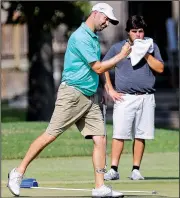  ?? Arkansas Democrat-Gazette/THOMAS METTHE ?? Stafford Gray of Lonoke reacts after sinking a birdie putt on the 18th hole to outlast Austin Harmon and win the Maumelle Classic on Sunday at Maumelle Country Club.