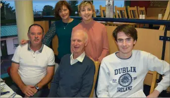  ??  ?? Matthew Green, Ava Coffey, Michael Moloney, James Coffey and Sheila Coffey pictured enjoying a meal at the ‘Threshing Cancer’ night at the dogs fundraiser on Saturday night.