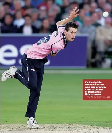  ?? PICTURE: Getty Images ?? Tickled pink: Nathan Sowter was one of a few T20 successes at Middlesex this summer