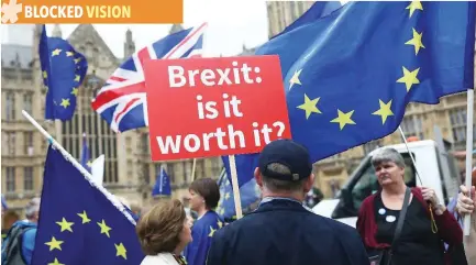  ??  ?? Anti-brexit activists demonstrat­e outside the Houses of Parliament in London.