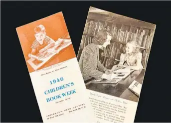  ??  ?? Enoch Pratt Library children’s series pamphlets from 1946 with photos by A. Aubrey Bodine. Debra Stoll of Medfield saved this ephemera, which shows her uncle Howard, at left, and her mother Barbara, at right.