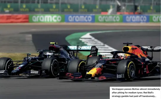  ??  ?? Verstappen passes Bottas almost immediatel­y after pitting for medium tyres. Red Bull’s strategy gamble had paid off handsomely…